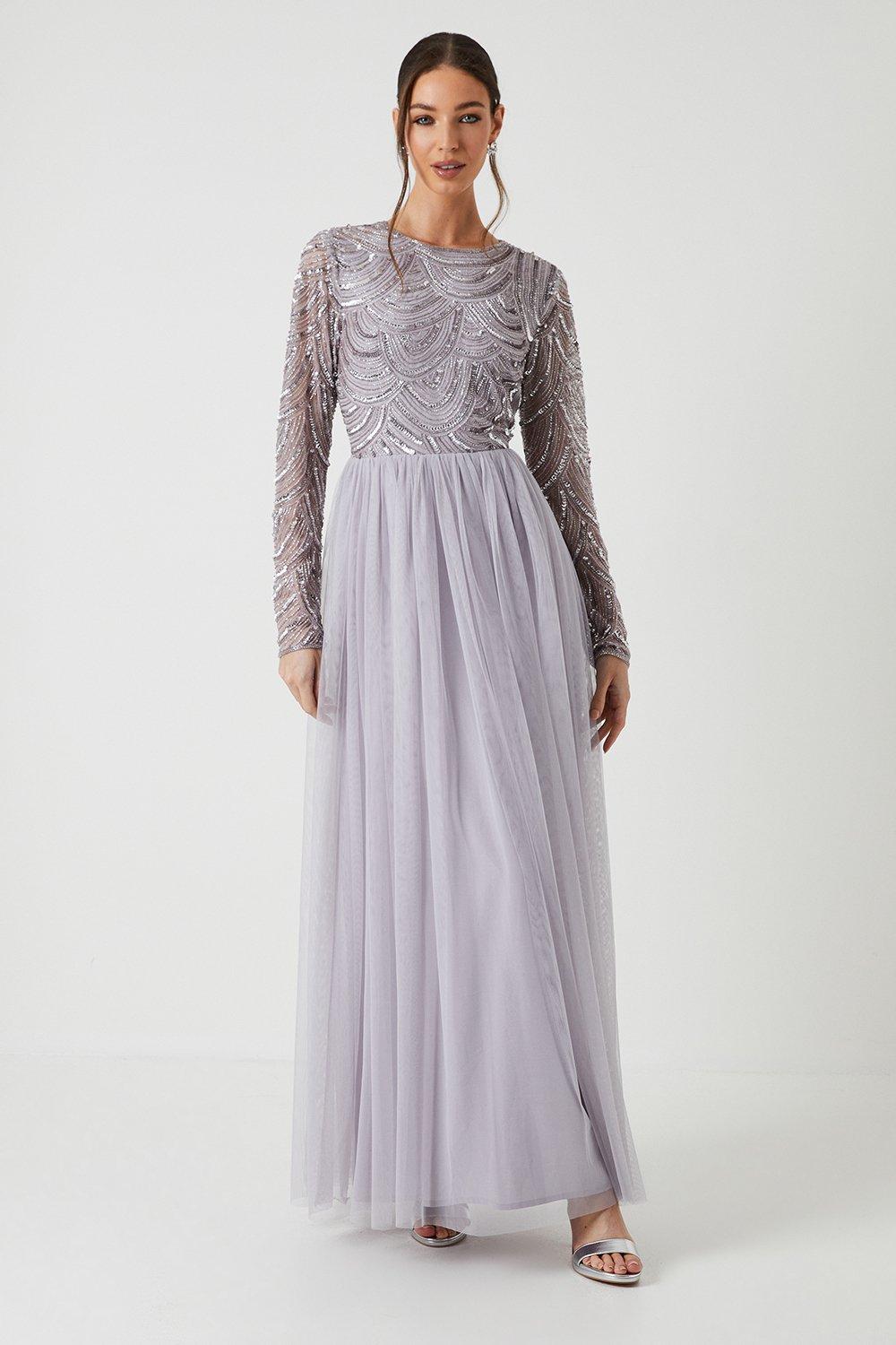 Art Deco Beaded Mesh Bridesmaids Dress - Lilac Haze